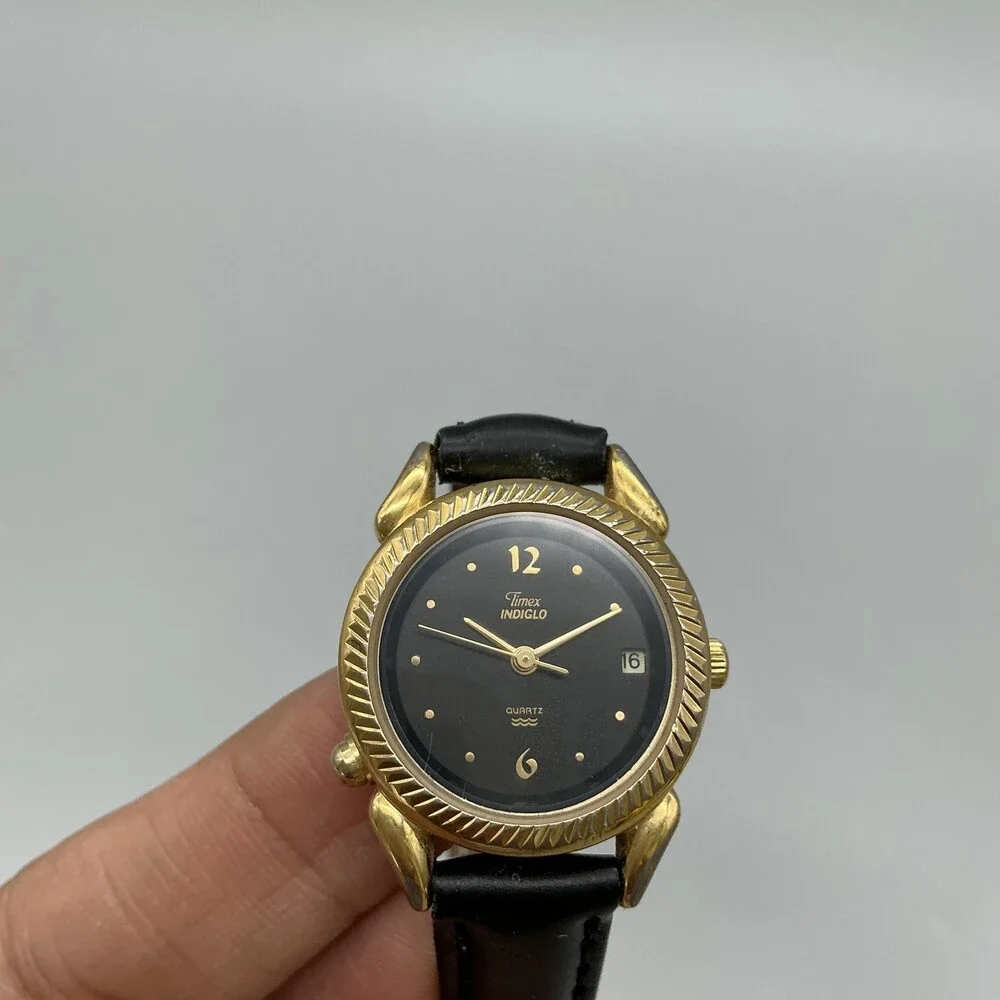 Vintage Timex Indiglo Womens Watch 25mm Black Dial Gold Tone Date New Battery